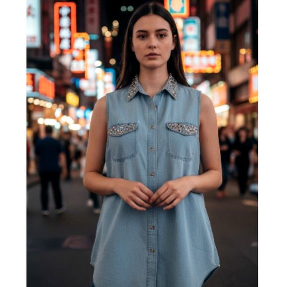 I.C.E. Look NY Womens Sleeveless Embellished Denim Top - Size: Large - Picture 1 of 8